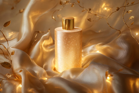 A sophisticated shampoo bottle rests gracefully on smooth silk fabric, surrounded by delicate golden accents and inviting soft lighting, showcasing luxury and elegance.の素材