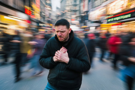In a bustling urban environment, a man grips his chest in distress while surrounded by blurred, hurried pedestrians moving past him. The scene captures a moment of sudden pain and urgency.の素材