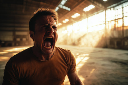 A man screams with raw emotion in a vast, empty industrial space. Dramatic shadows and warm light create a striking contrast as he vents his frustration and fury.の素材