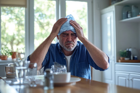 A man struggles with discomfort as he sits at a dining table, an ice pack resting on his head. The bright, domestic highlights his misery in the cozy setting.の素材