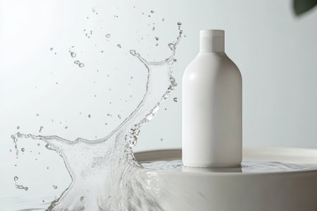 A sleek shampoo bottle stands prominently in a white studio, surrounded by a subtle splash of water, showing a modern and minimalist aesthetic, emphasizing clean branding and elegance.の素材