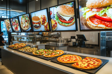 Digital menus highlight colorful images of burgers, pizzas, and desserts at a modern fast food kiosk in a busy urban area, inviting customers to place their orders.の素材
