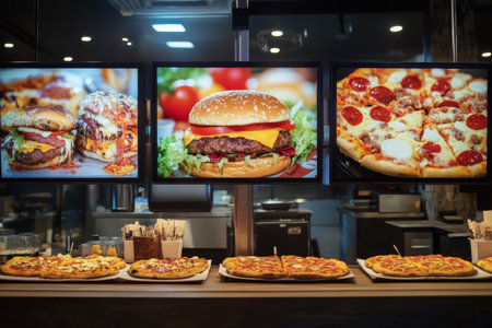 Brightly lit fast food kiosk displays appealing digital menus featuring delicious burgers, pizzas, and desserts, enhancing customer experience and choice.の素材