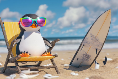 A cheerful penguin wearing vibrant sunglasses lounges on a beach chair under a sunny sky, with a surfboard beside it. Soft waves gently lap the sandy shore, creating a serene atmosphere.の素材