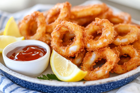 Deliciously crispy calamari rings are arranged on a platter, accompanied by fresh lemon wedges and a tasty dipping sauce, evoking a coastal dining experience.の素材