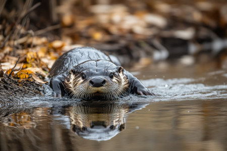 A cheerful otter is sliding down a stream bank, eagerly entering the clear water below. Surrounding leaves create a vibrant backdrop, highlighting this playful moment in its natural habitat.の素材