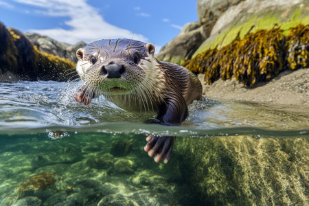 A playful otter slides down a stream bank and splashes into clear water, showing its playful nature against a backdrop of serene rocks and greenery on a sunny day.の素材