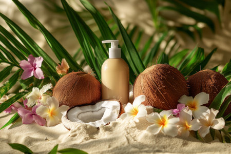 A shampoo bottle stands out among fresh coconuts and vibrant tropical flowers resting on soft beach sand, creating a relaxing summer vacation vibe under the sun.の素材