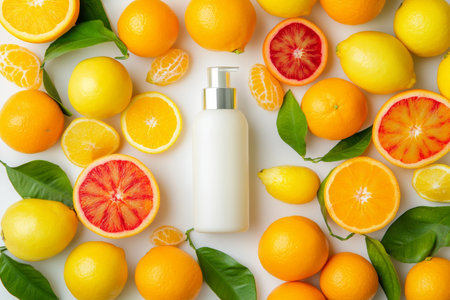 A shampoo bottle sits at the center, embraced by a medley of fresh oranges and lemons. The lively arrangement presents an appealing, zesty aesthetic on a pristine background.の素材