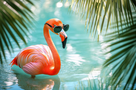A flamingo dressed in aviator sunglasses enjoys a tropical setting in a shallow pool. The colorful summer atmosphere is enhanced by reflections of palm leaves in the water.の素材