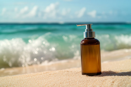A chic shampoo bottle stands on soft sand while gentle ocean waves roll in, creating a perfect tropical vacation atmosphere under bright skies.の素材