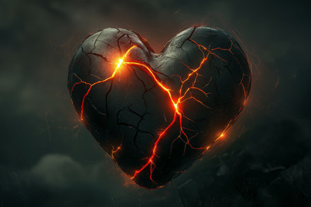 A heart, marked by cracks and illuminated red veins, embodies deep emotional pain amidst a shadowy artistic backdrop, evoking feelings of sorrow and vulnerability in a striking manner.の素材