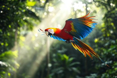 A parrot flies gracefully through a vibrant rainforest, surrounded by rich greenery. Sunlight filters through the trees, creating a magical atmosphere that highlights its colorful feathers.の素材