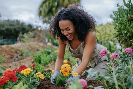 A woman experiences pure joy while planting flowers in a lush garden. She delights in vibrant blooms and earthy tones, showcasing her love for gardening on a sunny day.の素材