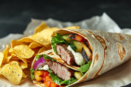 This appetizing wrap features tender grilled meat layered with fresh vegetables and a creamy sauce, paired with crispy chips. Perfect for a modern meal at any time of day, its visually appealing.の素材