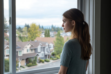 A young woman stands by the window, observing her new neighborhood. She reflects on her surroundings as the soft light filters in on a cloudy day.の素材