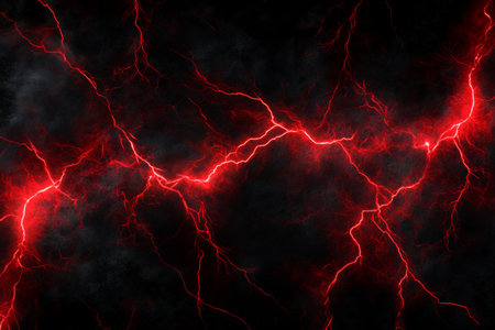 An energetic depiction of physical pain is shown with vibrant red lightning bolts cutting through a dark black background. The design conveys intensity and emotional turmoil.の素材