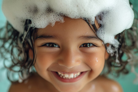 A delightful child smiles with bubbly foam on their head, radiating happiness in a bright and cheerful bathroom. The playful moment captures the essence of fun and joy during bath time.の素材