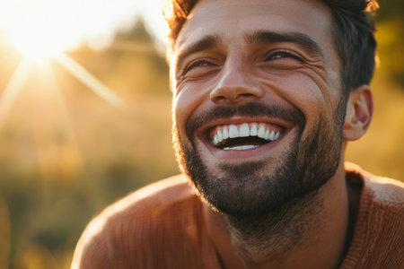 Close-up of a man with a genuine smile and laughter as soft sunlight illuminates his face. He enjoys a carefree moment outdoors, embodying joy and warmth in nature.の素材