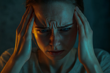 A woman is seen holding her temples with a look of distress on her face. The dramatic lighting emphasizes her emotional struggle, capturing a moment of raw vulnerability.の素材
