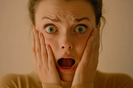 A woman gasps in shock, covering her face with her hands. Her wide eyes and open mouth convey a powerful emotional reaction in a plain background. The clarity emphasizes her expression.の素材