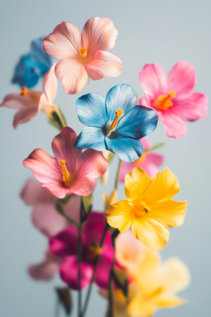 A vibrant arrangement of artificial flowers showcases delicate blooms in various colors, enhancing any space with their cheerful presence and evoking a feeling of spring.の素材