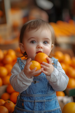 A young child with light brown hair, wearing a denim outfit, enjoys holding fresh oranges amidst a colorful fruit market, surrounded by ripe citrus.の素材