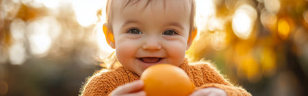 A cheerful toddler smiles while holding a bright orange in a sunlit park. The warm autumn colors create a cozy atmosphere as the sun shines gently.の素材