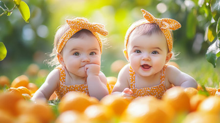 Two adorable twins enjoy their time in a vibrant orange orchard, surrounded by bright oranges, showing joyful expressions and playful poses.の素材
