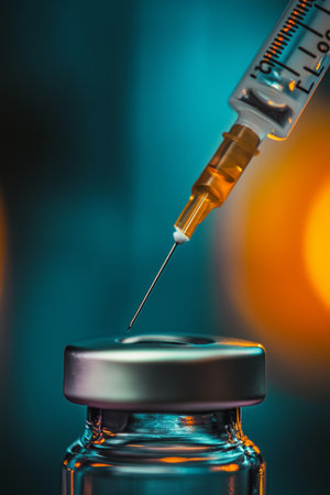 A syringe is positioned above a glass vial, clearly ready for filling. Background lights create a soft glow, enhancing the clinical atmosphere of the scene.の素材