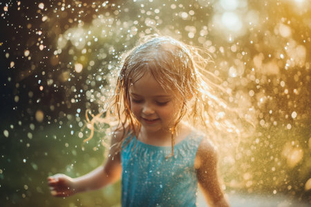 A child with wet, flowing hair laughs and twirls as she splashes through water droplets on a warm evening, illuminated by soft sunlight.の素材