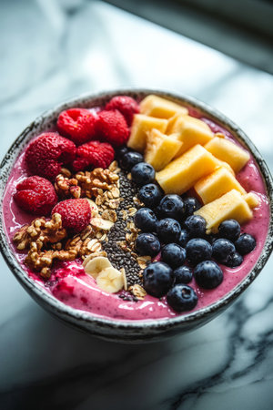 A vibrant smoothie bowl is filled with yogurt and topped with raspberries, bananas, blueberries, granola, and chia seeds, set against a marble background.の素材