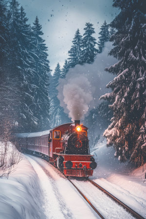 A red steam train moves along tracks blanketed in snow, surrounded by tall evergreen trees. The setting captures a tranquil winter day, evoking nostalgia and adventure.の素材