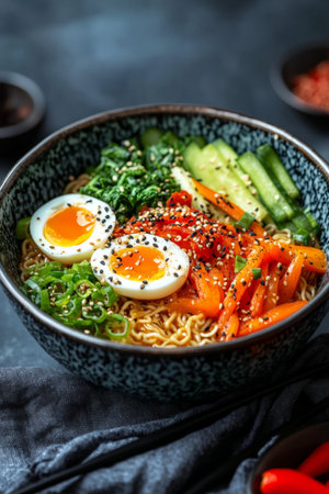 A bowl filled with vibrant ramen features soft-boiled eggs, assorted vegetables, and sesame seeds, creating a comforting and visually appealing meal to enjoy at dinner.の素材