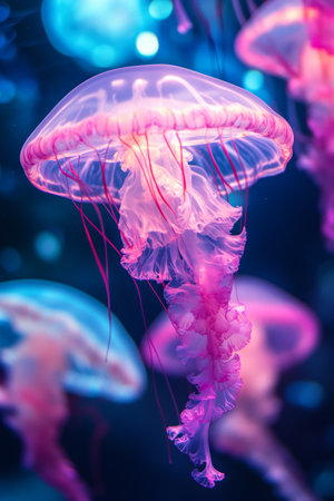 Jellyfish swim gracefully in a dark aquarium, their tentacles trailing behind them. The stunning bioluminescent colors create a mesmerizing ambiance for visitors.の素材