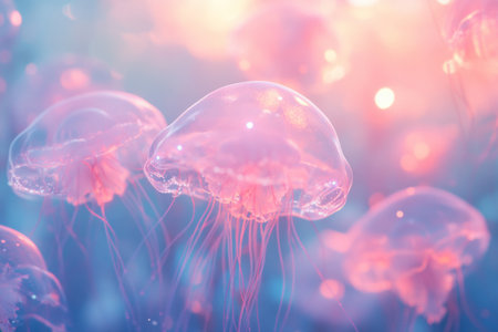 Jellyfish move gently through a beautifully lit underwater scene, with their translucent bodies glowing in shades of pink and blue as the sun sets in the background.の素材