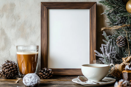 A warm and inviting table setting featuring a cup of coffee, a glass of frothy drink, and pine branches with decorative elements for a cozy winter atmosphere.の素材