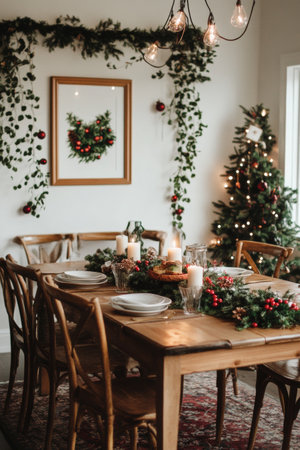 A cozy dining area is adorned with festive greenery and red ornaments, featuring a long wooden table set for a holiday meal, complete with candles and a Christmas tree.の素材
