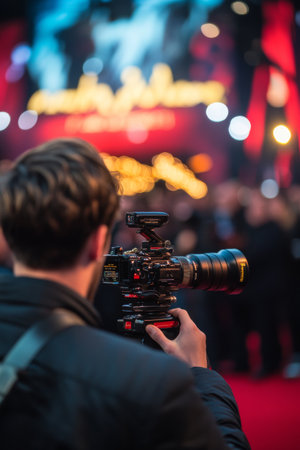A photographer ready stands with a camera, focused on capturing vibrant moments at a lively evening event, surrounded by bright lights and an engaged crowd.の素材