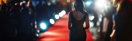 Dressed in a stunning gown, a woman strides down the red carpet. Bright lights illuminate the path as an elegant crowd watches during a special evening event.の素材