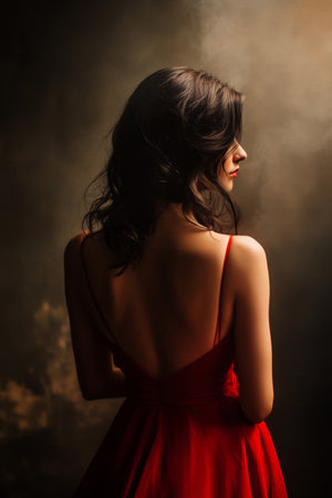 The woman in the striking red dress poses with her back turned, surrounded by subtle lighting. The atmosphere conveys a sense of elegance and intrigue.の素材