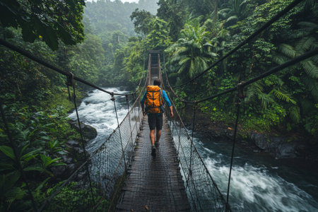 A hiker crosses a swaying suspension bridge as water roars below. Surrounded by dense greenery in a tropical rainforest, the atmosphere is humid and vibrant, showing natures beauty.の素材