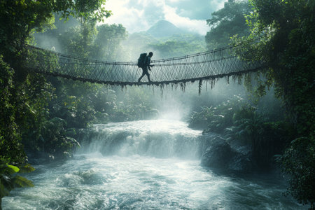 A backpacker makes their way across a suspension bridge surrounded by lush tropical vegetation and a rushing river below, creating an exhilarating moment in nature.の素材