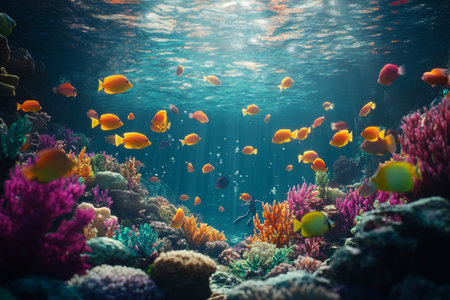 Vibrant coral reef teeming with colorful fish shows a snorkeler enjoying the underwater beauty. Sunlight filters through the water, illuminating the scene in rich detail.の素材