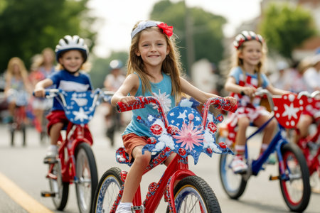 Children participate in a lively parade, riding bicycles adorned with red, white, and blue decorations. The joyful atmosphere includes smiling faces as they celebrate together.の素材