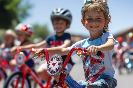 Children ride decorated bicycles in red, white, and blue during a festive parade. Kids show off their creativity and enjoy the sunny day together with smiles and laughter.の素材