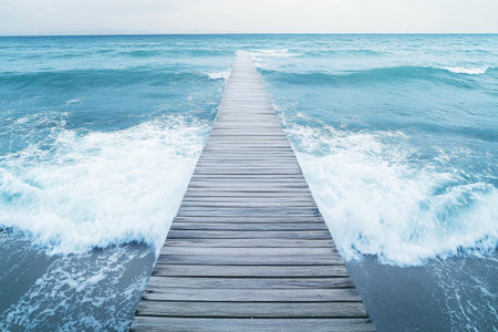 A wooden boardwalk leads into the vast ocean, surrounded by soft waves. The view from above offers a peaceful ambiance, showing the beauty of nature and water movement, ideal for relaxation.の素材