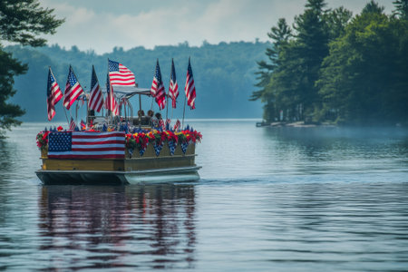 A beautifully decorated boat sails across a calm lake, showing vibrant American flags as part of a celebratory event. The surrounding trees add to the tranquil atmosphere.の素材