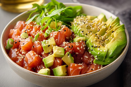 This delicious poke bowl features vibrant diced fish, creamy avocado slices, and crunchy sesame seeds, presented in a modern and appealing manner. Perfect for a healthy meal anytime.の素材