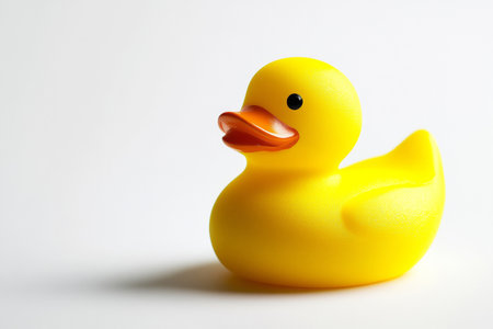A cheerful yellow rubber duck with a glossy finish rests on a white surface, embodying whimsy and playful charm. Perfect for decoration or as a toy, this delightful object stands out vividly.の素材